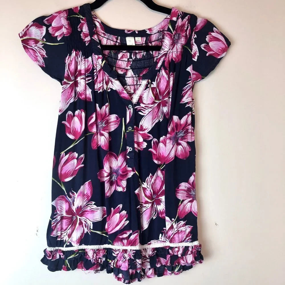 Eloise | Navy & Pink Floral V-neck Ruffle Top
